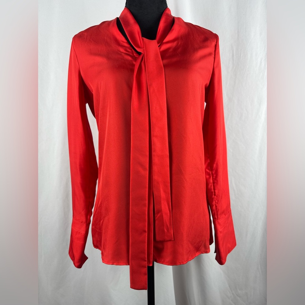 Rag & Bone Red Silk Button Down Blouse with Tie Neck - Picture 1 of 6